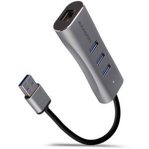 Hub AXAGON HMA-GL3AP, 3x USB-A + Gigabit LAN, USB3.2 Gen 1 hub, metalic, Conector Alimentare Micro-USB, Cablu USB-A 20 cm