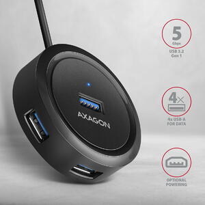 Hub AXAGON Hub USB HUE-P1AL 4x USB 3.2 Gen 1 ROUND hub, micro USB power IN, 1.2m USB-A cable
