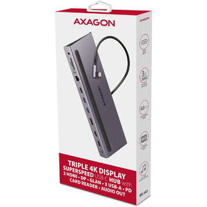 Hub AXAGON HMC-4KX3, USB-C hub, 5 Gbps, 3x USB-A, 2x HDMI, 1x DP, Ethernet, audio, SD, audio, PD 100W, compatibil TB3/4, carcasa metal