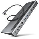 HMC-4KX3, USB-C hub, 5 Gbps, 3x USB-A, 2x HDMI, 1x DP, Ethernet, audio, SD, audio, PD 100W, compatibil TB3/4, carcasa metal