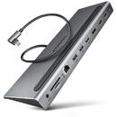 Hub USB HMC-4KX3, USB-C hub, 5 Gbps, 3x USB-A, 2x HDMI, 1x DP, Ethernet, audio, SD, audio, PD 100W, compatibil TB3/4, carcasa metal