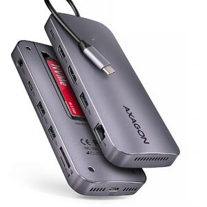 Hub AXAGON Hub USB HMC-12GM2, USB-C 3.2 Gen 2, 3x USB-A, M.2 SATA/NVMe, HDMI, DisplayPort, RJ-45, SD/mSD, audio, PD 100W