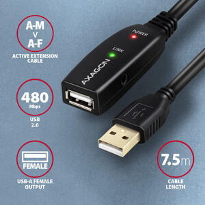 AXAGON USB prelungitor Negru 7.5m ADR-207 USB 2.0 A-M -> A-F