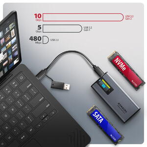 AXAGON EEM2-SD2 USB-C 10Gbps - M.2 NVMe & SATA SSD DISPLAY box